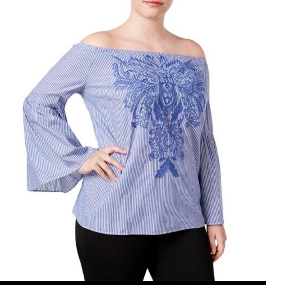 INC International Concepts Top 3X Blue Stripe Embroidered Off Shoulder Boho NWT